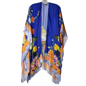 Margot Elena Peacock Floral Kimono Womens One Size Blue Multi Silky Open Vibrant